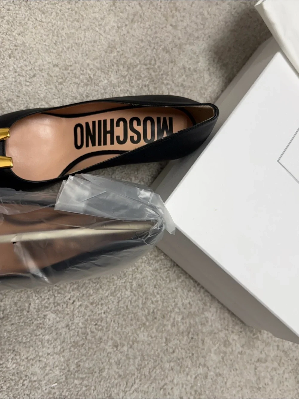 Moschino Black Pointed Toe Pumps with Gold M Emblem